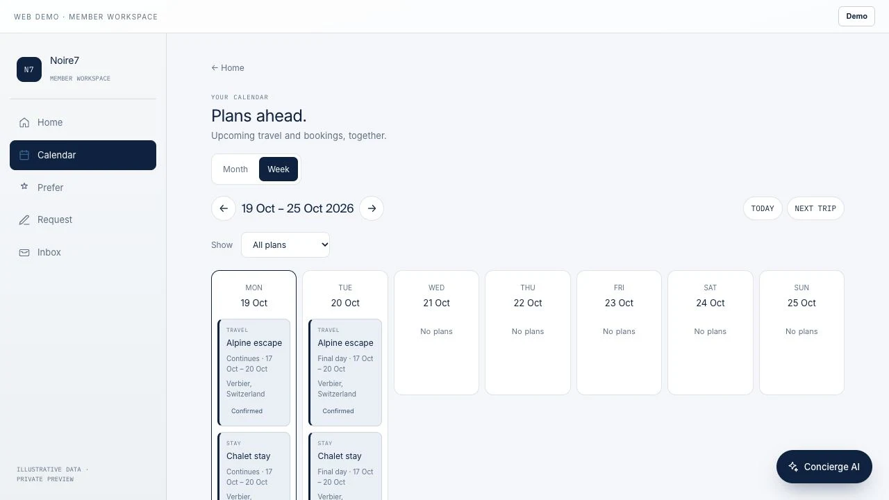 Noire7 Concierge prototype showing a weekly calendar with trips and bookings