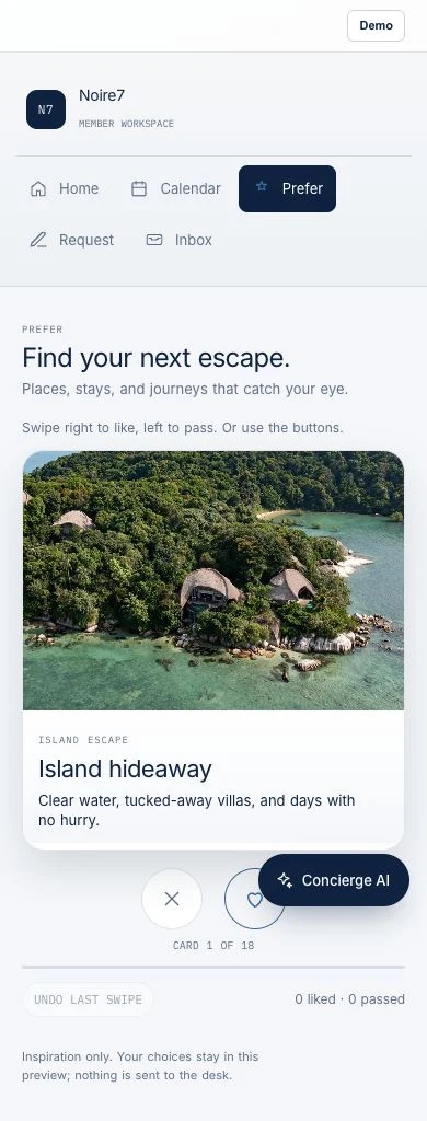 Noire7 Concierge mobile prototype showing a visual preference card for an island stay